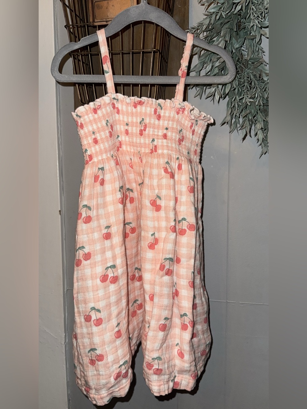 Siix Pink Gingham Cherry Print Muslin Dress